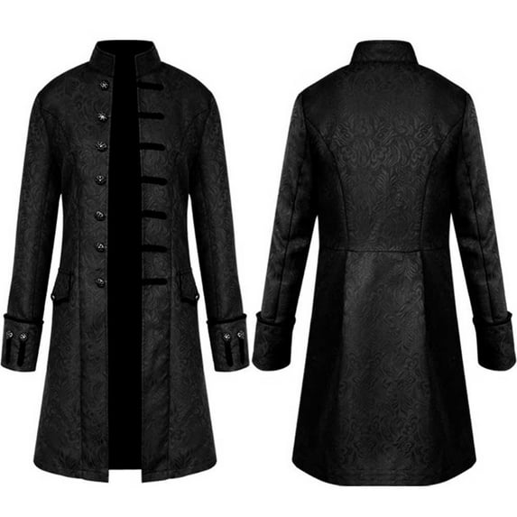 FAOWME Men Overcoat Long Sleeved Stand Collar Buttons Solid Color Retro Comfortable Fashion Jacket For Stage Performance Black L
