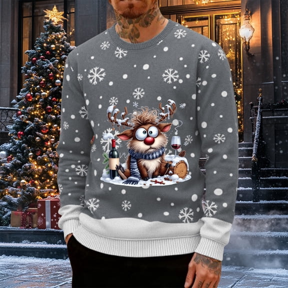 FAOWME Men Pullover Long Sleeve Crew Neck Christmas Print Soft Comfortable Casual Sweatshirt Top For Holiday Party Grey Xxxxl