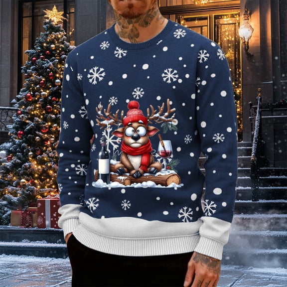 FAOWME Men Pullover Long Sleeve Crew Neck Christmas Print Soft Comfortable Casual Sweatshirt Top For Holiday Party Navy Xl