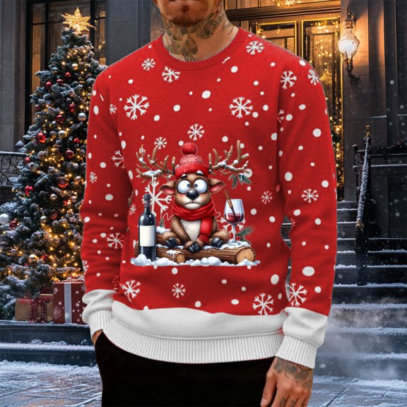 FAOWME Men Pullover Long Sleeve Crew Neck Christmas Print Soft Comfortable Casual Sweatshirt Top For Holiday Party Red Xxl