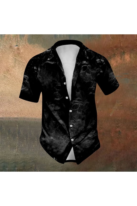 Men'S Halloween Shirts Short Sleeve Turndown Collar Buttons Skull Print Soft Comfortable Blouse For Casual Daily Wear,Black,L