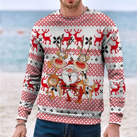 FAOWME Men Women Christmas Pullover Long Sleeve Round Neck Santa Claus Print Fashion Comfortable Sweatshirt Tops For Autumn Winter Daily Wear White Xxl