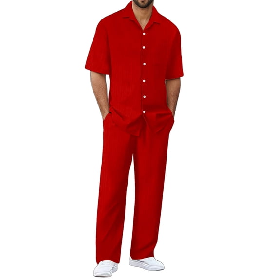 FAOWME Men's 2 Piece Set Long Sleeved Lapel Solid Color Buttons Top And Pants Comfortable Loose Fit Breathable Outfits For Casual Daily Wear,S,Red
