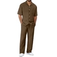 thumbnail image 1 of FAOWME Men's 2 Piece Set Long Sleeved Lapel Solid Color Buttons Top And Pants Comfortable Loose Fit Breathable Outfits For Casual Daily Wear,XXL,Coffee, 1 of 4