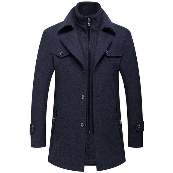 FAOWME Men's Casual Overcoat Solid Color Long Sleeved Double Convertible Padded Zipper Fashion Comfortable Warm Jacket For Outdoor Activities Navy Xxl