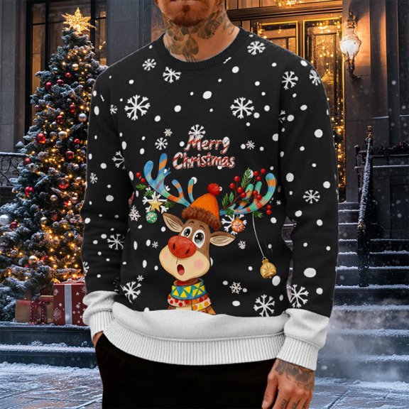FAOWME Men's Christmas Pullover Long Sleeve Round Neck Reindeer Print Fashion Casual Sweatshirt Top For Autumn Winter Daily Wear Black L