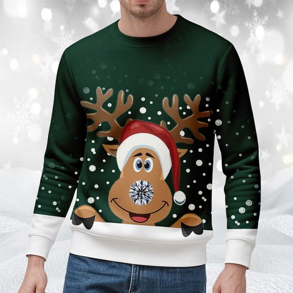 FAOWME Men's Christmas Pullover Long Sleeve Round Neck Reindeer Print Fashion Casual Sweatshirt Top For Autumn Winter Daily Wear Dark Green M