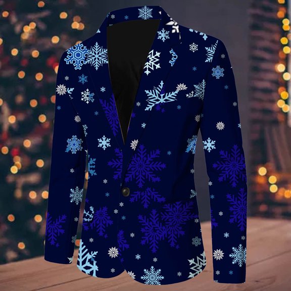 FAOWME Men's Christmas Suit Jacket Long Sleeved Lapel Buttons Snowflake Printed Fashion Comfortable Coats Tops For Casual Daily Wear Blue Xxl