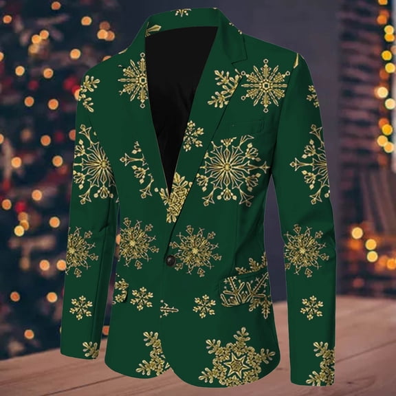 FAOWME Men's Christmas Suit Jacket Long Sleeved Lapel Buttons Snowflake Printed Fashion Comfortable Coats Tops For Casual Daily Wear Green Xxxl
