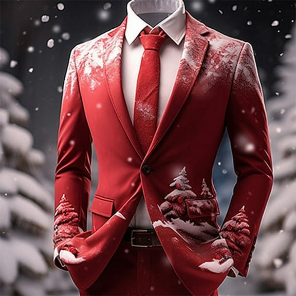 FAOWME Men's Christmas Suit Jacket Long Sleeved Lapel Buttons Xmas Printed Fashion Comfortable Coats Tops For Casual Daily Wear Brick Red L