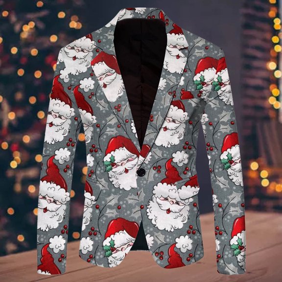 FAOWME Men's Christmas Suit Jacket Long Sleeved Lapel Buttons Xmas Printed Fashion Comfortable Coats Tops For Holiday Daily Wear Grey Xxxl