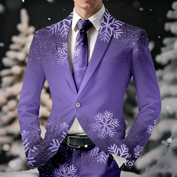 FAOWME Men's Christmas Suit Jacket Long Sleeved Lapel Buttons Xmas Printed Fashion Comfortable Coats Tops For Holiday Daily Wear Light Purple L