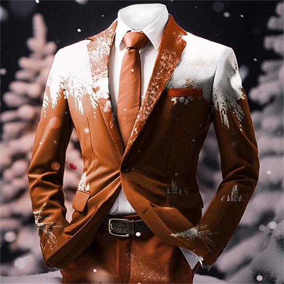FAOWME Men's Christmas Suit Jacket Long Sleeved Lapel Buttons Xmas Printed Fashion Comfortable Coats Tops For Holiday Daily Wear Orange S
