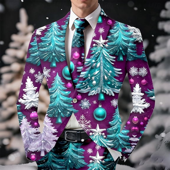 FAOWME Men's Christmas Suit Jacket Long Sleeved Lapel Buttons Xmas Printed Fashion Comfortable Coats Tops For Holiday Daily Wear Purple Xxxl