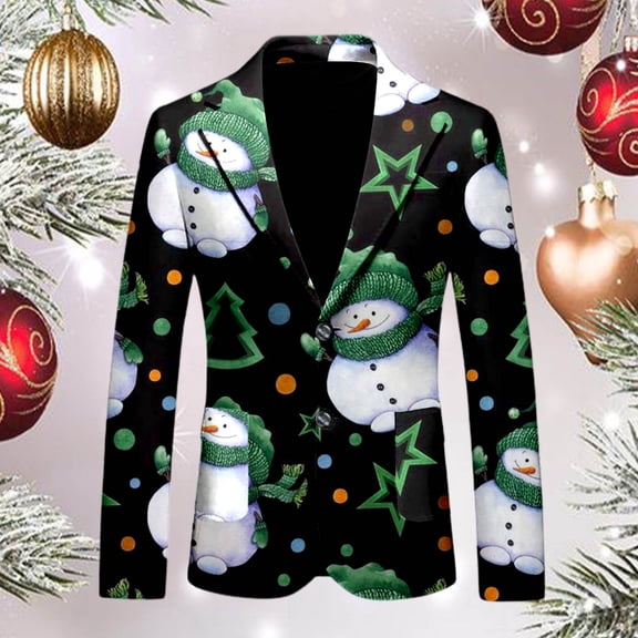 FAOWME Men's Christmas Suit Jacket Long Sleeved Lapel Buttons Xmas Printed Loose Fashion Comfortable Coats Tops For Casual Daily Wear Dark Green M