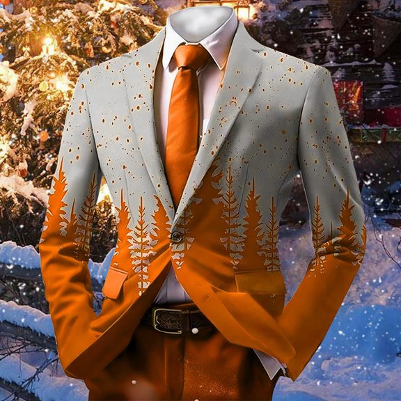 FAOWME Men's Christmas Suit Jacket With Pocket Long Sleeved Lapel Buttons Xmas Printed Fashion Comfortable Coats Tops For Holiday Daily Wear Orange S