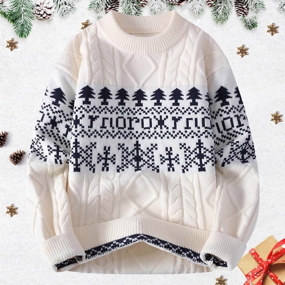 FAOWME Men's Christmas Sweater Long Sleeve Round Neck Snowflake Print Knitted Fashion Casual Warm Pullover Top For Autumn Winter Daily Wear White Xxl