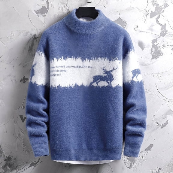 FAOWME Men's Christmas Sweater Long Sleeve Stand Collar Reindeer Print Knitted Fashion Casual Warm Pullover Top For Autumn Winter Daily Wear Blue Xxxl