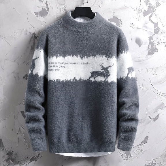 FAOWME Men's Christmas Sweater Long Sleeve Stand Collar Reindeer Print Knitted Fashion Casual Warm Pullover Top For Autumn Winter Daily Wear Grey M