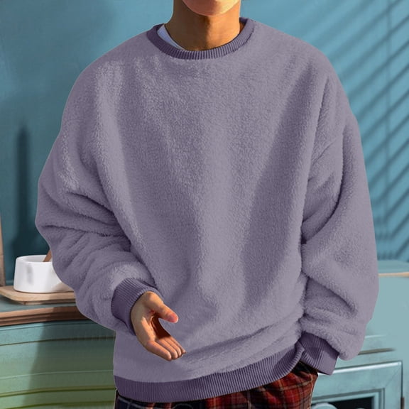 FAOWME Men's Fuzzy Pullover Long Sleeve Round Neck Solid Color Fashion Comfortable Warm Sweatshirt Top For Autumn Winter Daily Wear Light Purple L