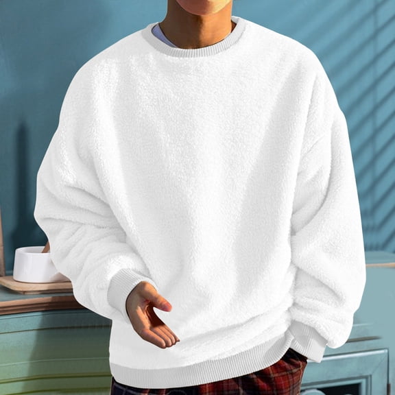 FAOWME Men's Fuzzy Pullover Long Sleeve Round Neck Solid Color Fashion Comfortable Warm Sweatshirt Top For Autumn Winter Daily Wear White L