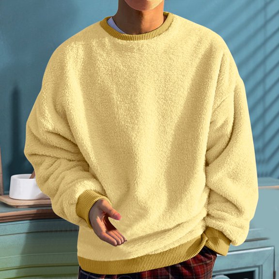 FAOWME Men's Fuzzy Pullover Long Sleeve Round Neck Solid Color Fashion Comfortable Warm Sweatshirt Top For Autumn Winter Daily Wear Yellow S