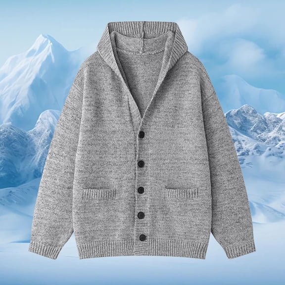 FAOWME Men's Hooded Coat With Pocket Long Sleeve Solid Color Buttons Knitted Comfortable Warm Sweater Jacket For Fall Season Casual Outwear Light Gray L