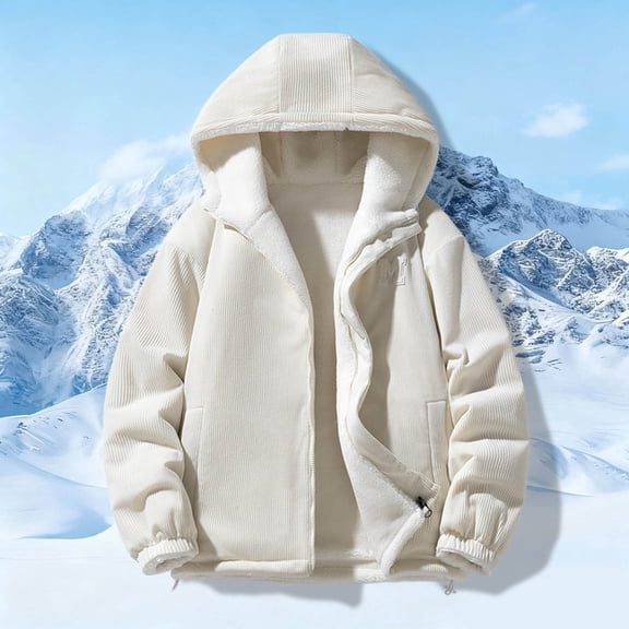 FAOWME Men's Hooded Coat With Pocket Long Sleeved Letter Embroidery Zipper Plush Thickened Comfortable Warm Jacket For Autumn Winter Daily Wear Khaki Xl