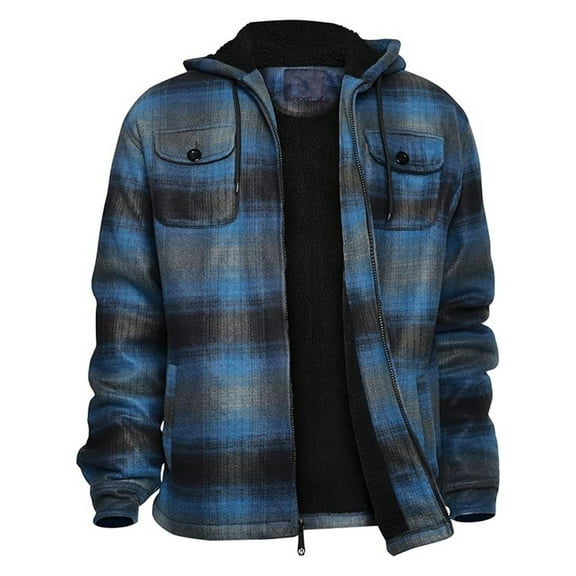 FAOWME Men's Hooded Coat With Pockets Long Sleeve Plaid Print Zip Up Pulsh Thickened Warm Fashion Jacket For Autumn Winter Daily Wear Blue L