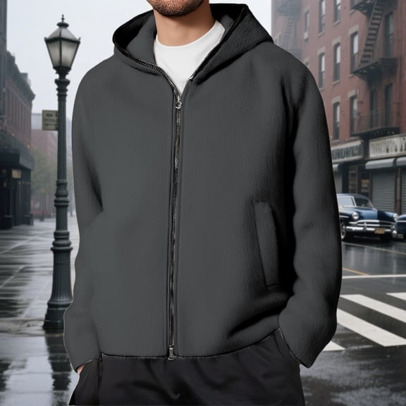 FAOWME Men's Hooded Coat With Pockets Long Sleeve Solid Color Zip Up Comfortable Fashion Jacket For Autumn Winter Daily Wear Grey M