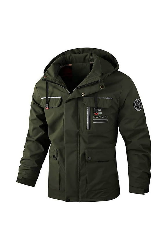 Men's Hooded Coat With Pockets Long Sleeved Letter Print Zipper Thickened Comfortable Warm Jacket For Outdoor Activities Army Green L