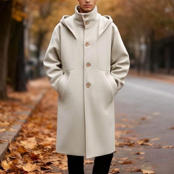 FAOWME Men's Hooded Overcoat With Pocket Long Sleeve Turtleneck Buttons Solid Color Fashion Warm Anorak Jacket For Autumn Winter Outerwear Beige L