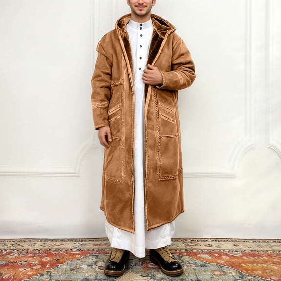 FAOWME Men's Hooded Robe With Pockets Long Sleeved Solid Color Plush Thickened Comfortable Warm Coats Jacket For Outdoor Activities Brown 1