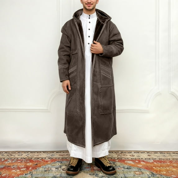 FAOWME Men's Hooded Robe With Pockets Long Sleeved Solid Color Plush Thickened Comfortable Warm Coats Jacket For Outdoor Activities Coffee 1