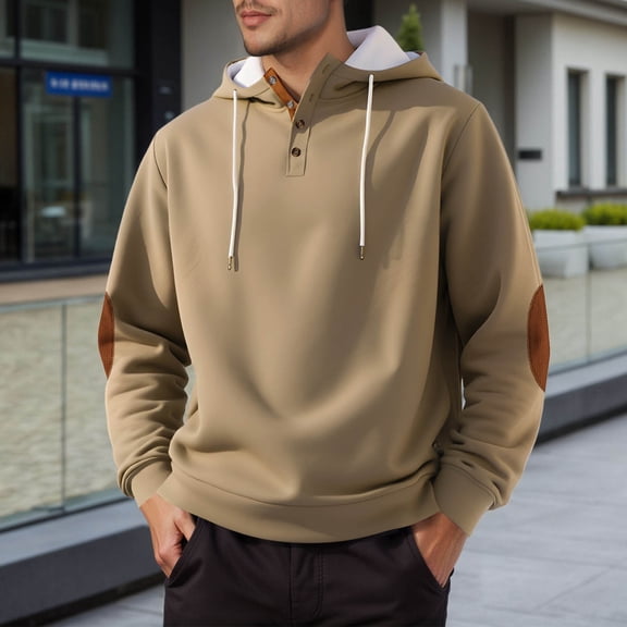FAOWME Men's Hoodies Long Sleeve Color Block Drawstring Buttons Plush Comfortable Loose Fit Sweatshirt For Autumn Winter Daily Wear Khaki Xl
