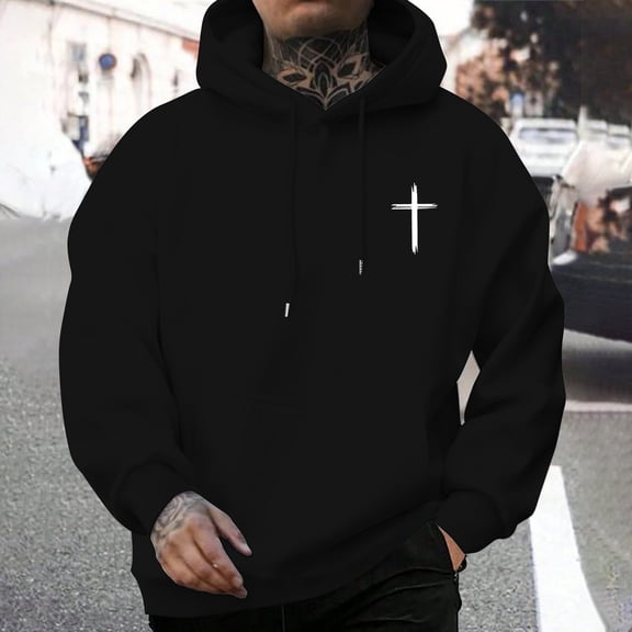 FAOWME Men's Hoodies With Pocket Long Sleeve Letter Print Drawstring Comfortable Breathable Sweatshirt For Casual Daily Wear Black Xl