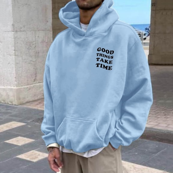 FAOWME Men's Hoodies With Pocket Long Sleeved Letter Print Fashion Comfortable Sweatshirt Tops For Casual Daily Wear Sky Blue Xxl