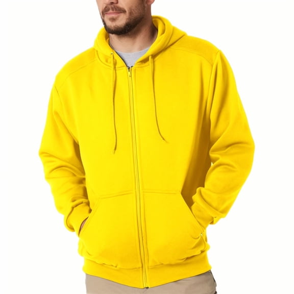 FAOWME Men's Hoodies With Pockets Long Sleeve Solid Color Drawstring Zipper Comfortable Loose Fit Sweatshirt For Autumn Winter Daily Wear Yellow M