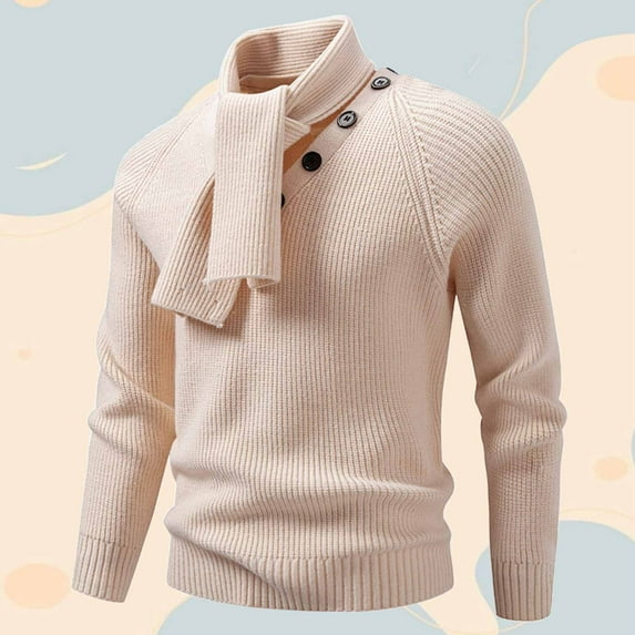 FAOWME Men's Knit Sweater With Detachable Scarf Long Sleeve Solid Color Comfortable Warm Pullover Outerwear For Casual Fall And Cold Weather Wear Light Pink Xl