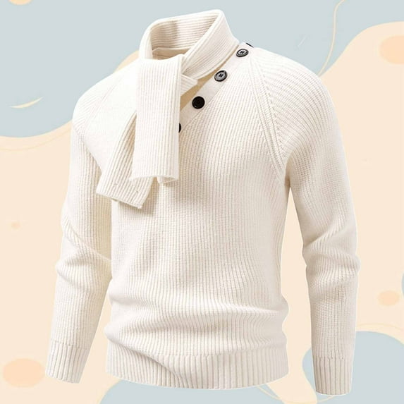 FAOWME Men's Knit Sweater With Detachable Scarf Long Sleeve Solid Color Comfortable Warm Pullover Outerwear For Casual Fall And Cold Weather Wear White Xxxxl