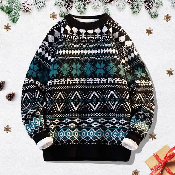 FAOWME Men's Knit Sweater Long Sleeve Round Neck Print Fashion Casual Warm Comfortable Soft Pullover Top For Autumn Winter Daily Wear Black L