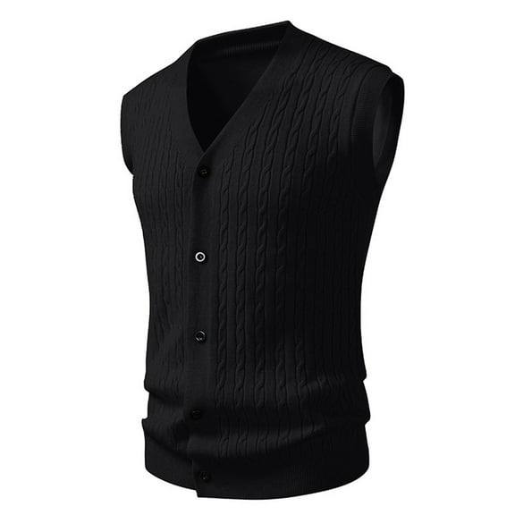 FAOWME Men's Knitted Vest Sleeveless V Neck Solid Color Buttons Comfortable Warm Coat Jacket For Fall Season Casual Outwear Black Xxl