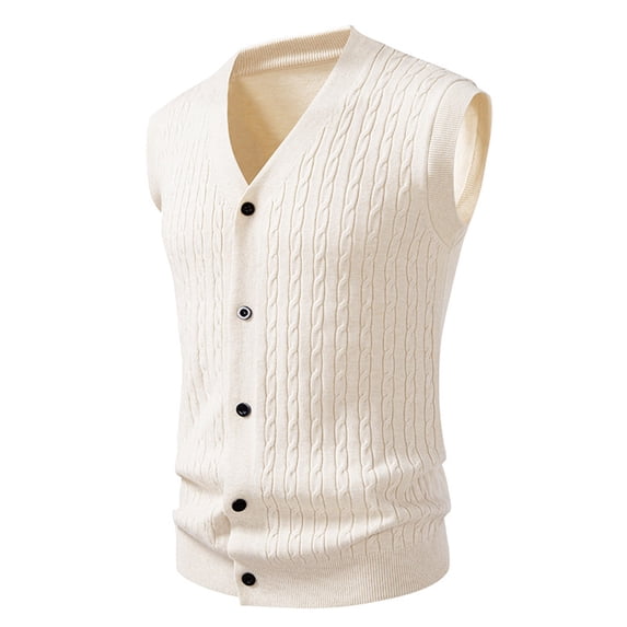 FAOWME Men's Knitted Vest Sleeveless V Neck Solid Color Buttons Comfortable Warm Coat Jacket For Fall Season Casual Outwear White Xxl