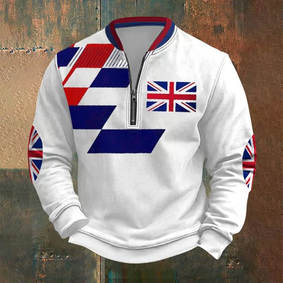 FAOWME Men's Pullover Long Sleeve Half Zip Print Fashion Casual Comfortable Sweatshirt Top For Autumn Winter Daily Wear White S