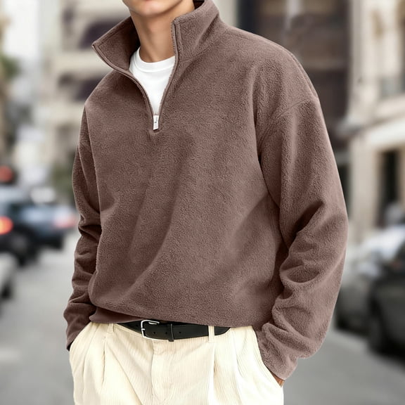 FAOWME Men's Pullover Long Sleeve Half Zip Solid Color Fashion Casual Sweatshirt Top For Autumn Winter Daily Wear Coffee L