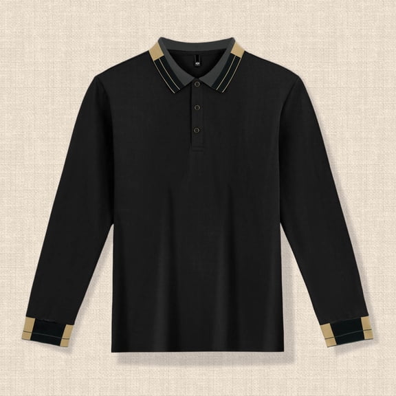 FAOWME Men's Pullover Long Sleeve Lapel Solid Color Button Comfortable Warm Polo Shirt For Outdoor Fall Season Black L