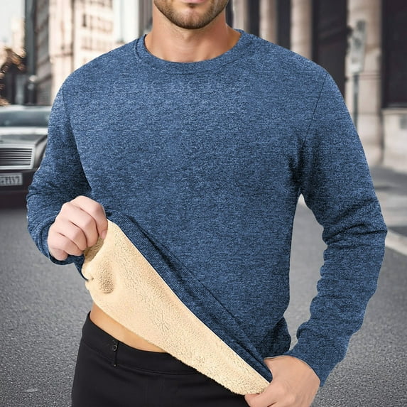 FAOWME Men's Pullover Long Sleeve Round Neck Solid Color Plush Thickened Warm Fashion Sweatshirt Top For Autumn Winter Daily Wear Navy S