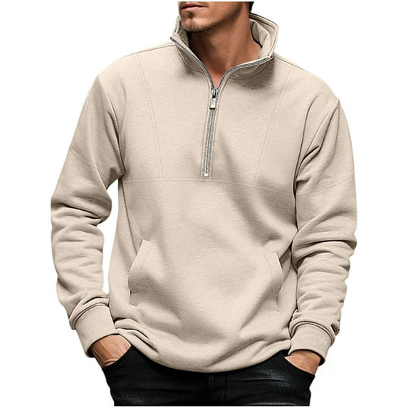 FAOWME Men's Pullover Long Sleeve Stand Collar Half Zipper Solid Color Comfortable Breathable Sweatshirt For Casual Daily Wear Beige L