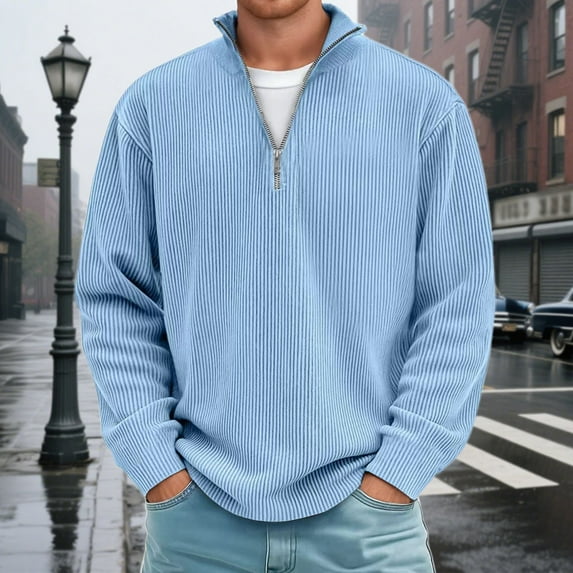 FAOWME Men's Pullover Long Sleeve Stand Collar Half Zipper Solid Color Comfortable Breathable Sweatshirt For Casual Daily Wear Blue S