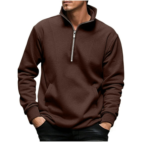 FAOWME Men's Pullover Long Sleeve Stand Collar Half Zipper Solid Color Comfortable Breathable Sweatshirt For Casual Daily Wear Coffee L